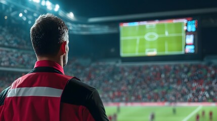 A spectator observes an exciting soccer match in a packed stadium, showcasing the thrill of live sports events and fan engagement.