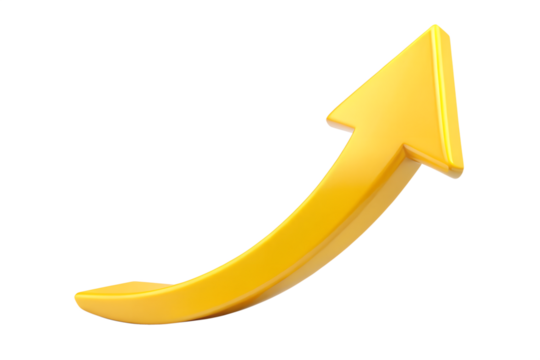 Yellow upward curving arrow isolated on transparent background