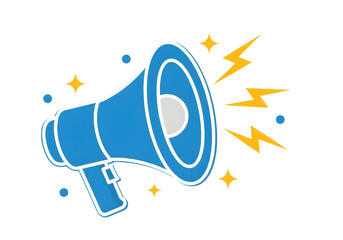 Blue megaphone with yellow lightning bolts and stars isolated on a transparent background