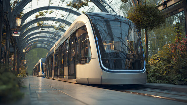 Modern tram on a city platform under a glass canopy, an urban transport scene.
