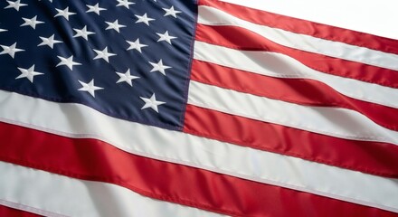 Obraz premium Photo-realistic depiction of the American flag on white background, showing realistic fabric details, stitching, folds, and shadows, clean centered composition with no distractions