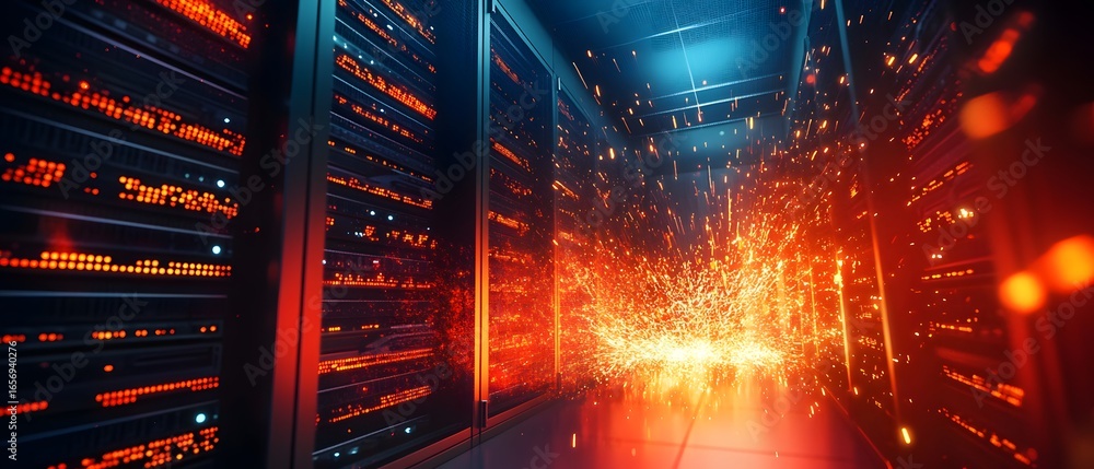 Aufkleber a vibrant data center scene showcasing glowing server racks and dynamic light effects, symbolizing i