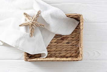 Straw bascket, empty container top view, showcase for body care cosmetics. Skin care spa design....