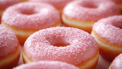 Close-up shot of pink frosted donuts, some with sprinkles on top. Use this image for bakery ads, food blogs, or sweet treat promotions.