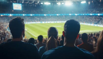 Excited fans enjoying a live soccer match in a vibrant stadium atmosphere under bright lights, capturing the thrill of sport.