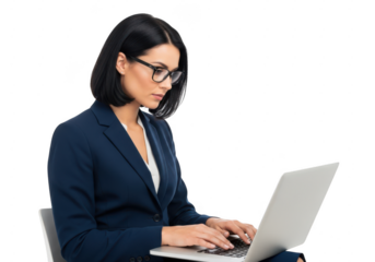 Professional woman in a suit a laptop, isolated on transparent background