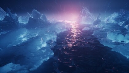 arctic landscape of glacial icebergs in the ocean.