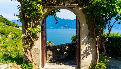A weathered archway with open doors reveals a breathtaking view of a tranquil lake and distant mountains.