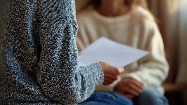 Heartfelt medium shot showing a daughter presenting medical documents to her mother the focus on the daughters tense hands clutching the report mother blurred in the background.
