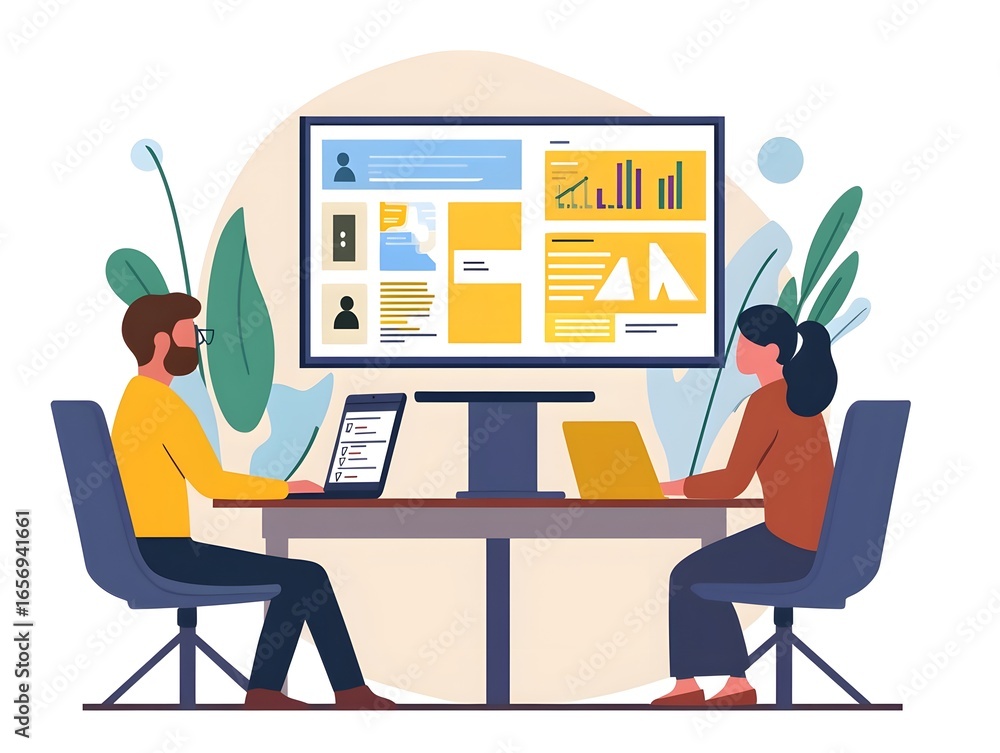 Aufkleber two professionals engaged in a collaborative meeting, analyzing data and visual presentations on lar