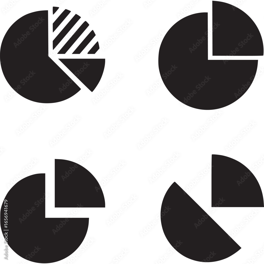 Poster vector art of collection of four black and white pie chart icons representing data analysis and busi