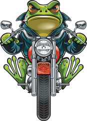 Cartoon style frog driving on a motorcycle 