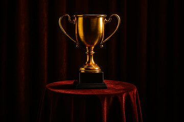 Celebrate ultimate achievement with a gleaming golden trophy displayed on a luxurious velvet draped pedestal, symbolizing victory and success in a dramatic, sophisticated setting
