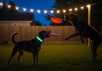 Dogs playing fetch at night with glowing collars under festive string lights backyard fun