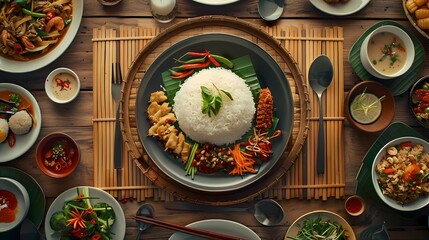 Top view of about how to make thai food themed channel, wooden dining table Thai Cuisine with a plate of rice in the center, surrounded by several Thai food dishes, Generative AI illustrations.
