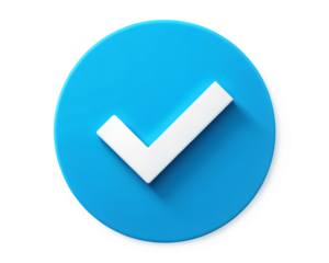 Blue circle with a white check mark, signifying confirmation and success, isolated on transparent background
