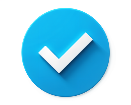 Blue circle with a white check mark, signifying confirmation and success, isolated on transparent background