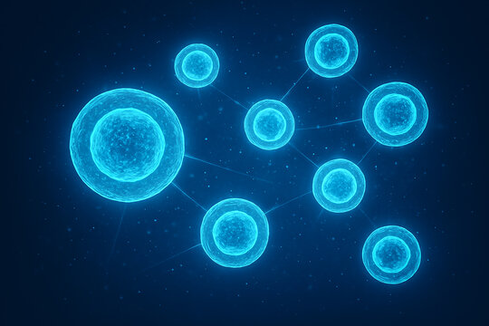 Vibrant network of luminous blue cells connected by glowing lines creating a dynamic abstract scientific background for biotechnology and medical research