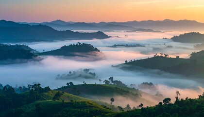 A serene vista of rolling hills blanketed in a soft, pastel-hued morning mist, showcasing a tranquil landscape at sunrise.