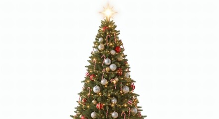Festive Christmas tree in photo-realistic style, placed on white background, decorated with colorful ornaments, golden garlands, and a glowing star, with warm holiday lighting