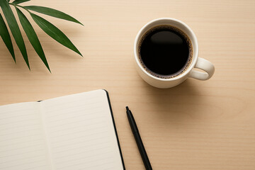 Inspiring morning scene with fresh coffee and open notebook, ready for creative ideas and productive work, fostering focus and calm productivity