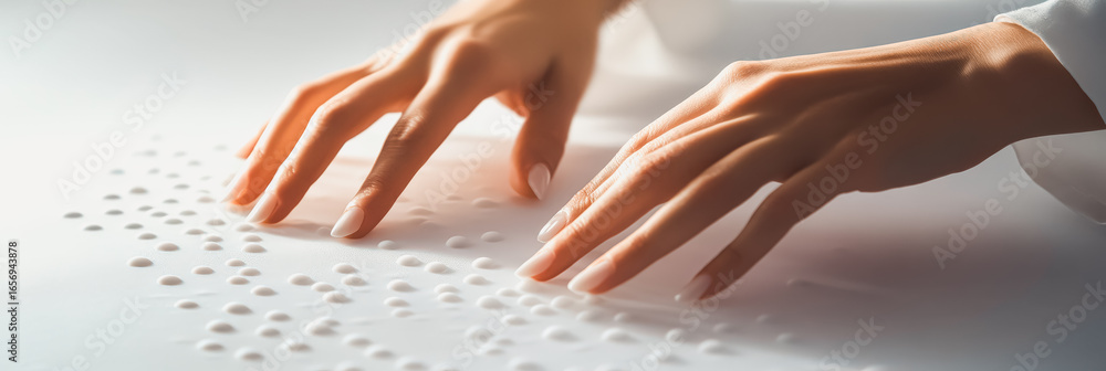 Poster close-up of hands engaging with a textured surface featuring raised dots, emphasizing tactile explor