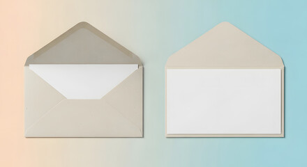 Two Beige Envelopes with Blank White Cards for Invitation or Message, Isolated on Gradient Background