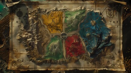 Fototapeta premium A map with different color markers for kingdom's in northern, featuring an old map with different coloured medieval colours on each kingdom, Generative AI illustrations.