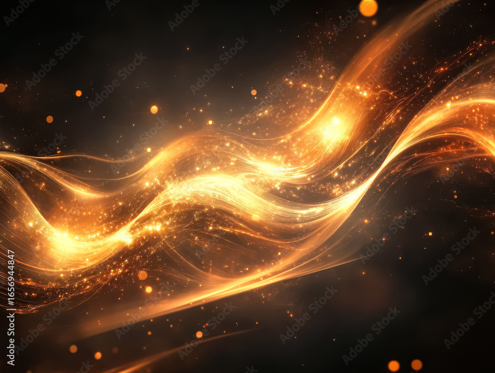 Poster vibrant abstract golden wave illustration features glowing particles and shimmering light effects, c