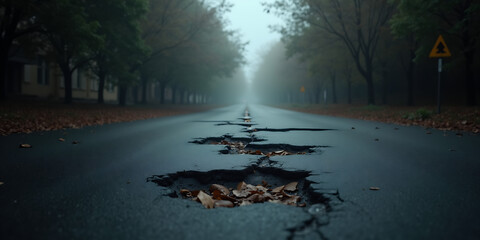 Very bad quality street with potholes. Damaged asphalt pavement road with potholes in city