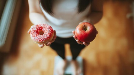 Balancing choice between indulgence and health in a cozy home setting during morning routines
