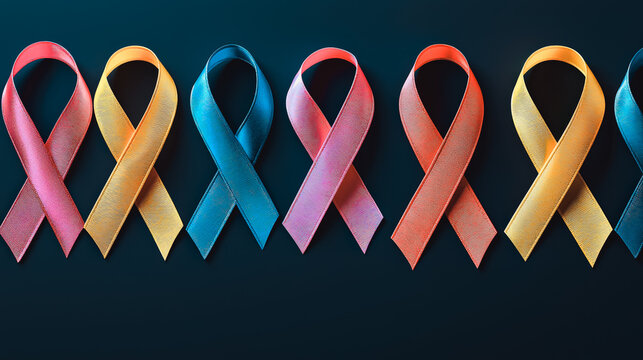 A vibrant display of awareness ribbons in multiple colors arranged neatly on a dark background, representing different causes and promoting solidarity for health initiatives and social movements