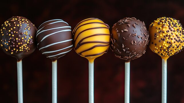 Five cake pops arranged, decorated with sprinkles, stripes, and chocolate. Ideal for illustrating sweet treats, bakery items, or dessert options.