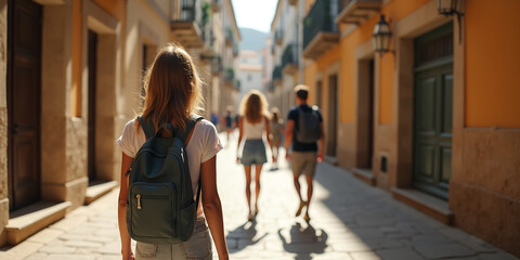 Obraz premium Traveler girl in street of old town in Spain. Young backpacker tourist in solo travel. Vacation, holiday, trip