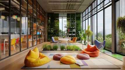 Contemporary Collaborative Space With Glass Walls And Vibrant Furniture