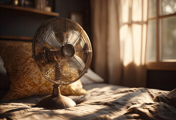 Vintage-style electric fan resting on a bed in a cozy sunlit bedroom