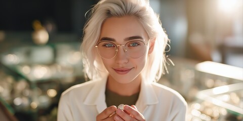 Young caucasian female jeweler examining gemstone with expertise and precision