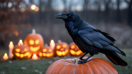 A black raven perched on a pumpkin with jack olanterns in background