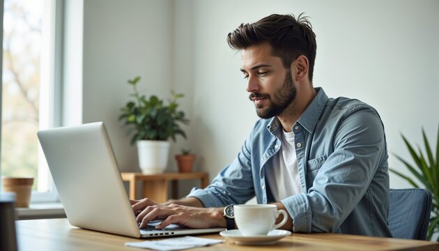 Young bearded man casually working on a laptop with coffee in a home office with plants - Powered by Adobe