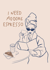 Retro poster for coffee lovers A woman wrapped in a towel and wearing a bathrobe drinks her morning coffee and reads a book  Simple lines vector illustration