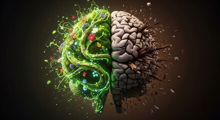 Brain health concept. Creative mind artwork for mental wellness, psychotherapy, neurology and cognitive function. Growing vs decaying hemispheres. Science promo. 