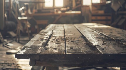 Worn old wooden table and workshop interior, Retro vintage photo of background and mockup, Generative AI illustrations.
