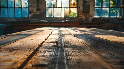 Worn old wooden table and workshop interior, Retro vintage photo of background and mockup, Generative AI illustrations.
