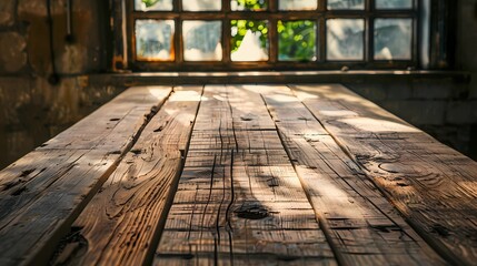Worn old wooden table and workshop interior, Retro vintage photo of background and mockup, Generative AI illustrations.
