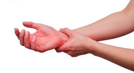 Human Hand Grasping Wrist with Red Highlight Showing Pain or Injury on White Isolated Background