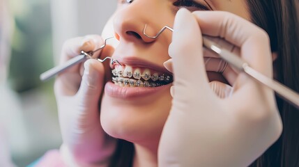 Crop anonymous dentist in gloves using dental tool while treating teeth of female patient with braces during appointment at clinic, Generative AI illustrations.