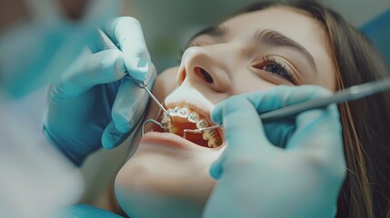 Crop anonymous dentist in gloves using dental tool while treating teeth of female patient with braces during appointment at clinic, Generative AI illustrations.