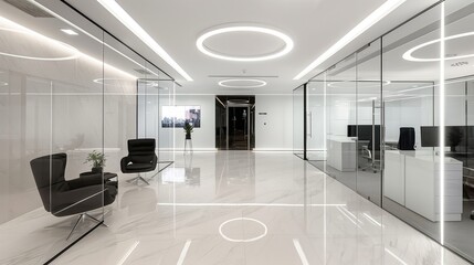 Futuristic Corporate Workspace With LED Ceiling Lights And Sleek Design