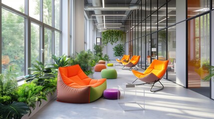 Modern Creative Workspace With Casual Lounge And Colorful Seating