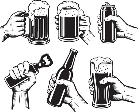 Hand Holding Beer Mug Bottle Can Vector Illustration on Checkered